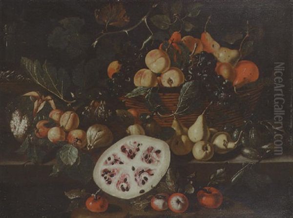 Grapes On The Vine, Peaches And Pears In A Basket, With A Melon, A Cut Fig And Other Fruit On Stone Ledges by Tommaso Salini