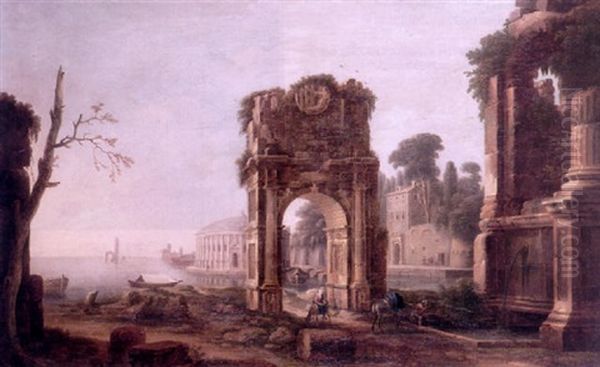 The Rest On The Flight Into Egypt Amid A Capriccio Of Roman Ruins With The Arch Of Titus by Alessandro Salucci