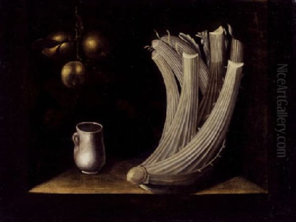 Still Life With A Cardoon, A Pewter Drinking Cup And Hanging Apples by Juan (Fray) Sanchez y Cotan