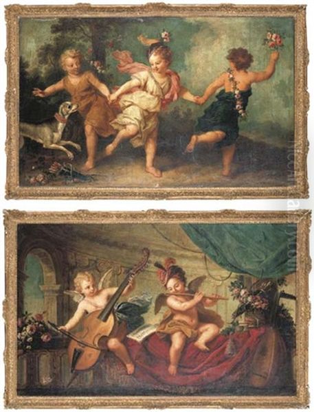 Three Putti Dancing With A Dog (+ Two Putti Making Music In A Palatial Interior; Pair) by Jean-Baptiste Santerre