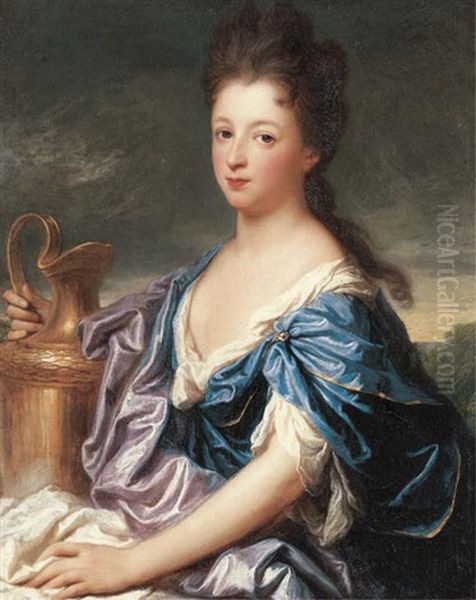 Portrait Of A Lady, The Marquise D'epinay (?) As Hebe, Half-length, In A Blue Dress, Holding An Urn by Jean-Baptiste Santerre