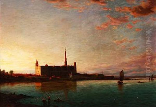 Coastal Scene With A Castle In The Sunset by Georg Sasnick