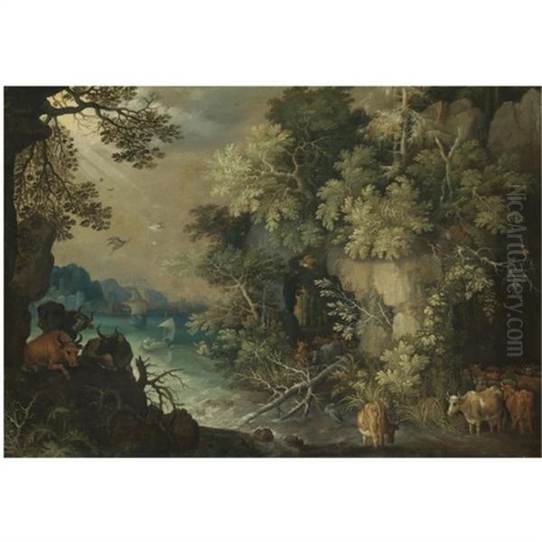 A Bosky Fluvial Landscape With Cattle Resting And Drinking by Roelandt Savery