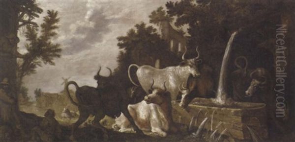 A Classical Wooded Landscape With Peasants By A Cottage And Cattle At A Drinking Trough, A Village Beyond by Roelandt Savery