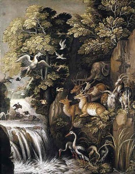 A River Landscape With Deer, Elephants, Lions, Goats And Other Animals And Birds Beside A Waterfall by Roelandt Savery