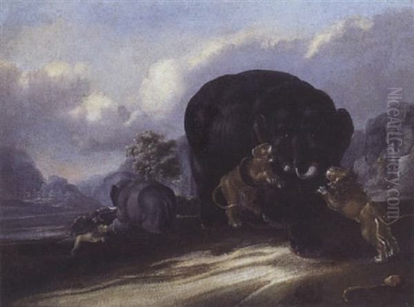 Lion Attaquant Des Elephants by Roelandt Savery