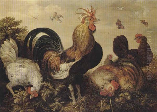 A Cockerel And Hens In A Landscape by Roelandt Savery