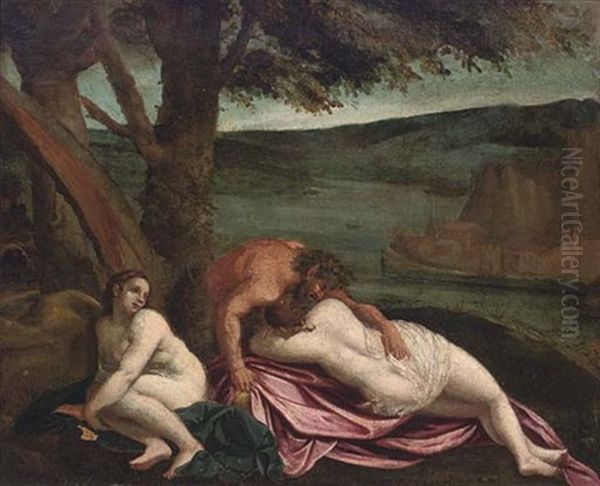 Two Nymphs With A Satyr On A River Bank by  Scarsellino