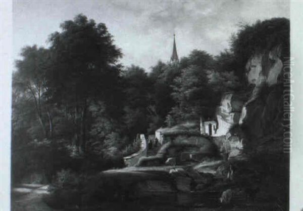 Monche Vor Einer Berglause, Im Hintergrund Turmspitze Einer Wallfahrtskirche by Ferdinand Schaeck