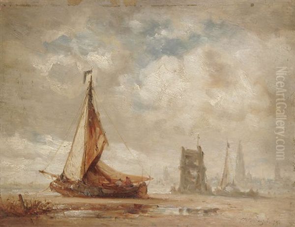 Vue D'anvers De La Rive Gauche Avec Un Bateau De Peche A Maree Basse by Hendrik Frans (Henri) Schaefels