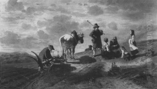 Bauernfamilie Und Hirte Bei Der Rast Am Feldrand by Ernst (Adam Ernst) Schalck