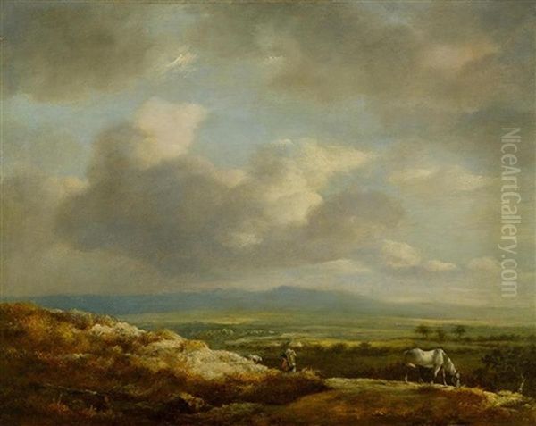 Weite Hugelige Panoramalandschaft Mit Pferde Im Vordergrund by Cornelis Simonsz van der Schalcke