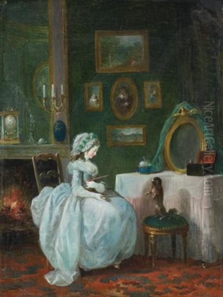 A Lady At Her Dressing Table With A Dog by Jean-Frederic Schall