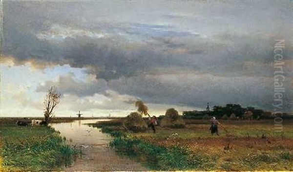 Landschaft Mit Bauern Bei Der Heuernte by Edmond De Schampheleer