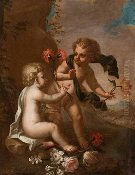 Zwei Mit Blumen Spielende Putti In Von Wolken Hinterfangener Landschaft by Bartolomeo Schedoni