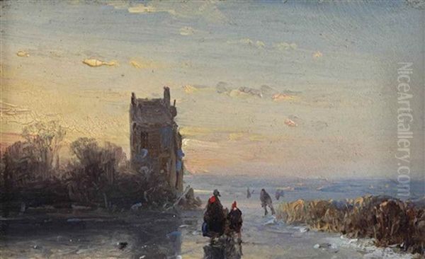 Figures On A Frozen Waterway Near A Tower by Andreas Schelfhout