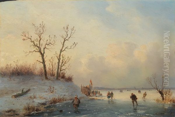 Winterliche Landschaft Mit Eislaufern Auf Gefrorenem See by Andreas Schelfhout