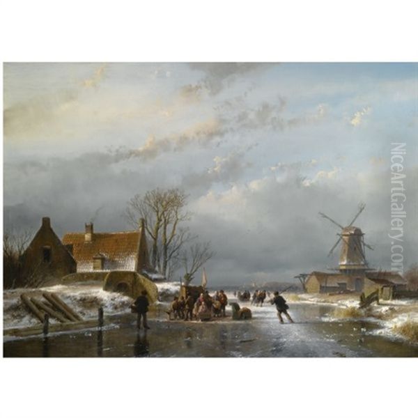 A Winter Landscape With Skaters By A Refreshment Stall, Mills Beyond by Andreas Schelfhout