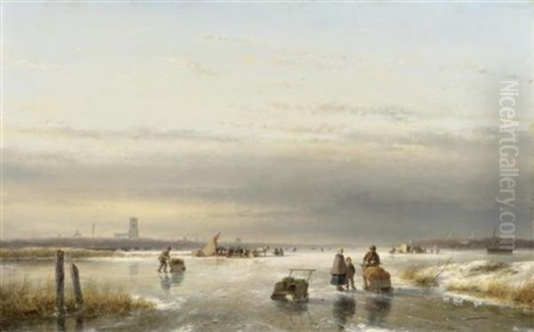 Winterlandschaft Mit Zugefrorenem Fluss by Andreas Schelfhout