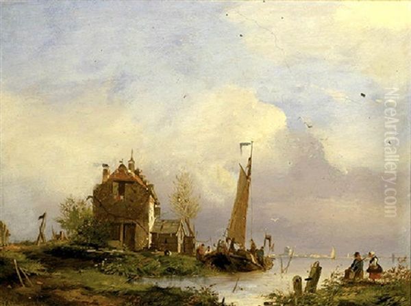 Dutch Scene With Barge by Andreas Schelfhout