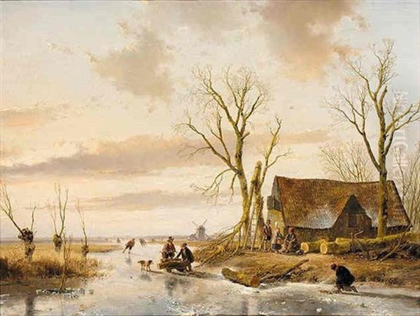 A Winter Landscape With Skaters On A Frozen River by Andreas Schelfhout