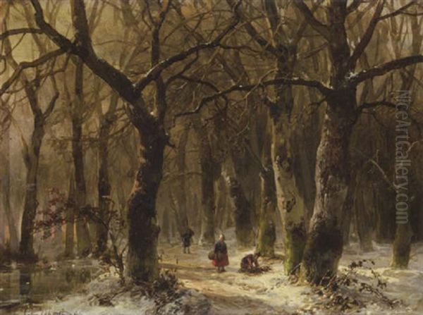 A Forest Winter With Wood Gatherers On A Snowy Path by Andreas Schelfhout