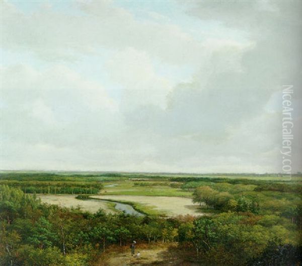 An Extensive Summer Landscape With A Sportsman And A Dog Near A Stream by Andreas Schelfhout