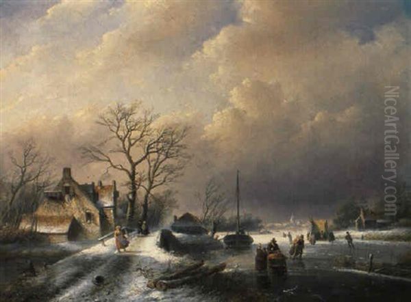 Hollandische Winterlandschaft Mit Eislaufern by Andreas Schelfhout