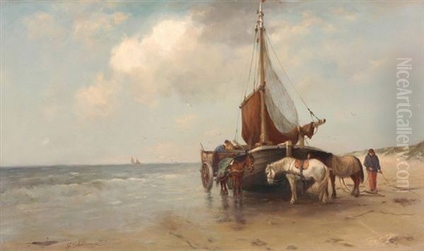 Kustenlandschaft Mit Segelboot, Fischern Und Pferden by Jan Hendrik Scheltema