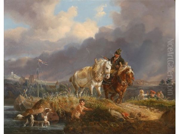 Horses And Figures On A Tow Path by August Franz Schelver