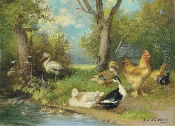 Geflugel: A Stork And Poultry By The Waterside by Julius Scheuerer