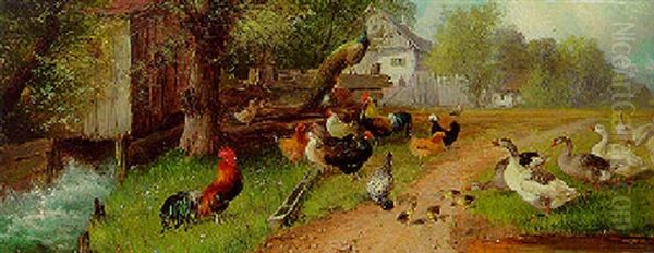 Hens, Geese And A Peacock By A Watermill by Julius Scheuerer