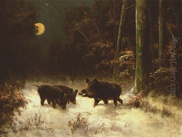 Wildschweine Bei Mondlicht by Otto Scheuerer