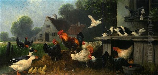 Huhnerhof Mit Enten, Tauben, Kuken, Huhnern Und Hahn by Otto Scheuerer