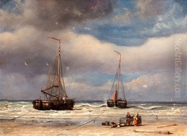 Strandscene Met Figuren Bij Een Hondenkar En Bomschuiten Oil Painting - Petrus Paulus Schiedges the Elder