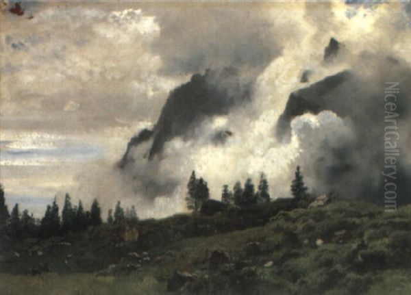 Reichenbachfall Bei Meiringen (+ Richisau, Glarnisch, Oil On Canvas; 2 Works) by Ernst Traugott Schiess