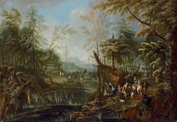 A Duck Shoot In A Wooded Landscape, Mountains Beyond by Maximilian Joseph Schinagl