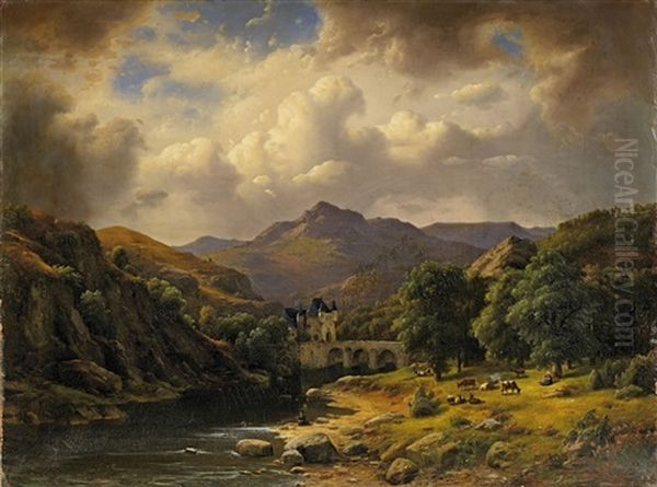 Bergige Flusslandschaft Mit Burg by Eduard Schleich the Elder