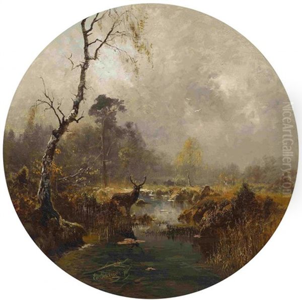 Hirsch In Moorlandschaft by Eduard Schleich the Younger