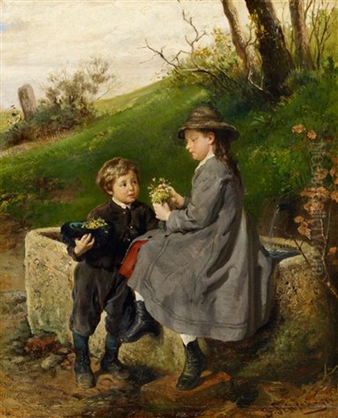 Two Children At A Well by Felix Schlesinger