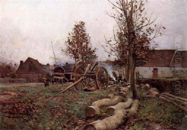 French Farm With Figures By A Bonfire by Paul Leon Felix Schmitt