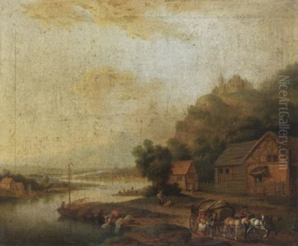 Fluslandschaft Mit Planwagen Und Wascherinnen Am Ufer by Johann Caspar Schneider