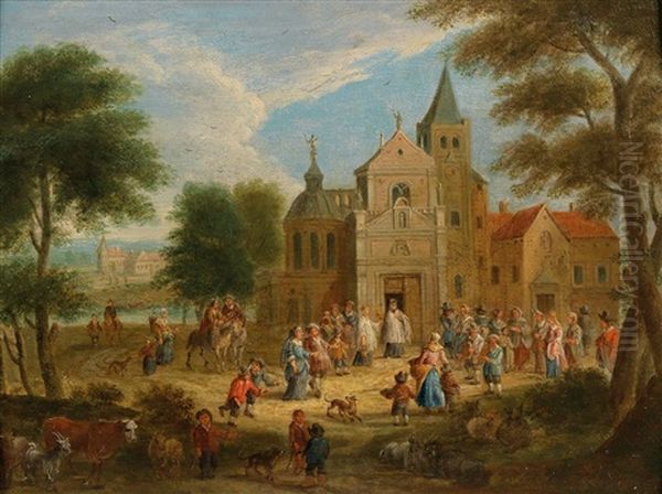 A Village Scene With A Church by Mathys Schoevaerdts