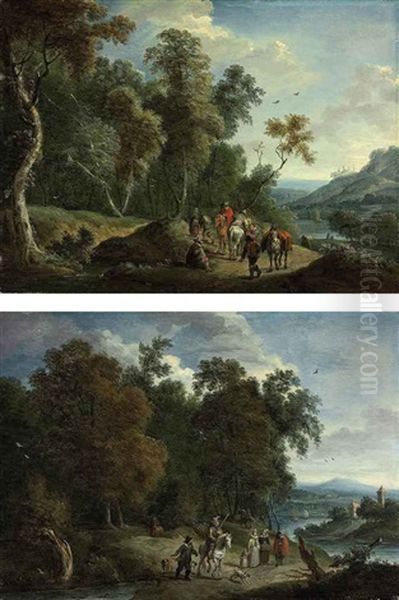 A Wooded River Landscape With A Hunting Party On A Track (+ A Wooded River Landscape With Travellers On A Track; Pair) by Mathys Schoevaerdts