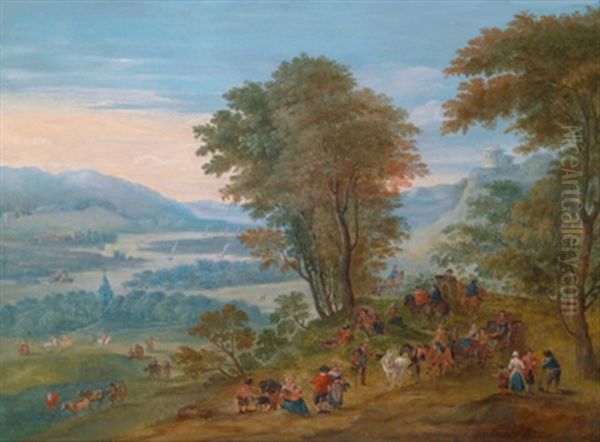 Bewaldete Landschaft Mit Fahrendem Volk Und Einem Flusslauf Im Hintergrund by Mathys Schoevaerdts