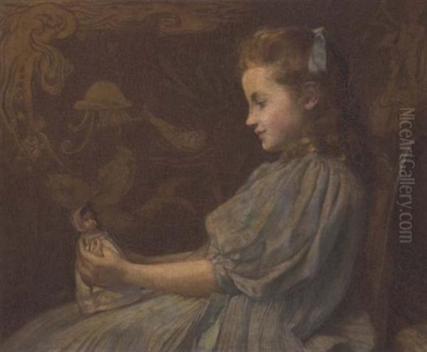 Portrait Of A Girl In A Blue Dress, Holding A Doll, In An Art Nouveau Interior by John William Schofield