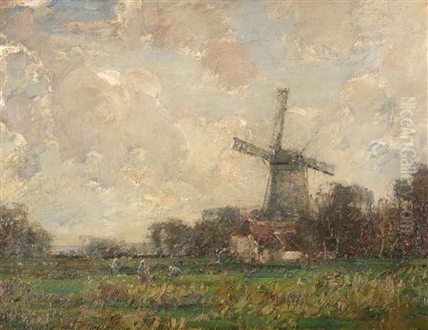 Figures Tending Fields Before A Windmill by Kershaw Schofield