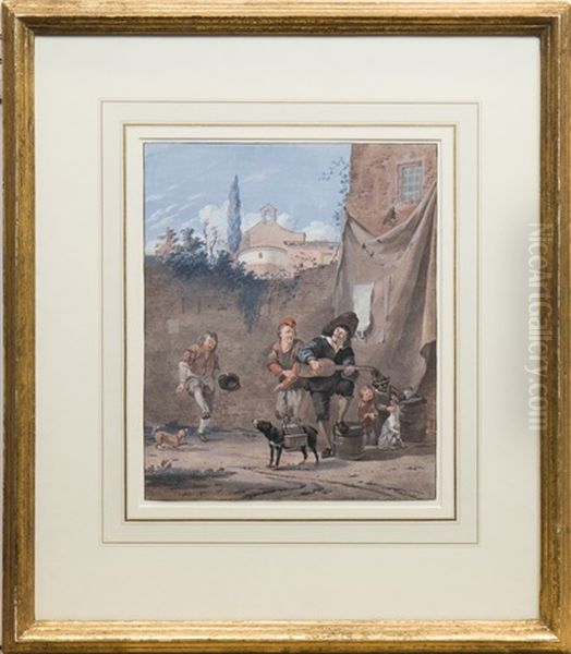 A Mandolin Player And Two Peasants Dancing In A Street by Aert Schouman