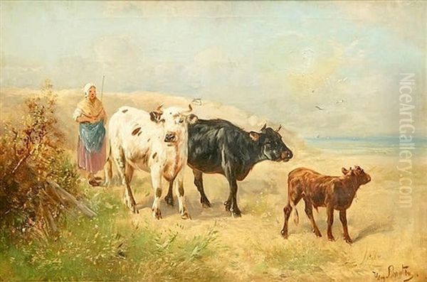 Shepherdess With Cows Along The Coas by Henry Schouten