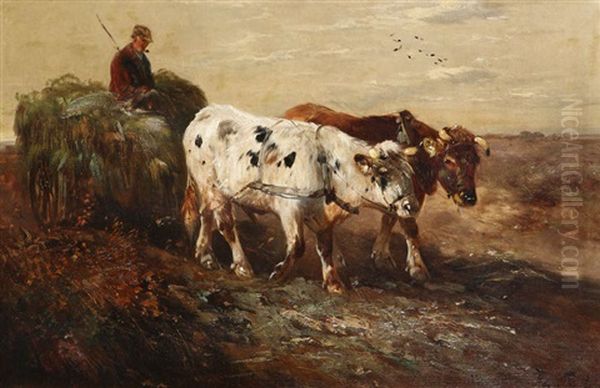 Vue De La Fagne Animee D'un Paysan Sur Char A Foin Et Attelage De Boeufs by Henry Schouten